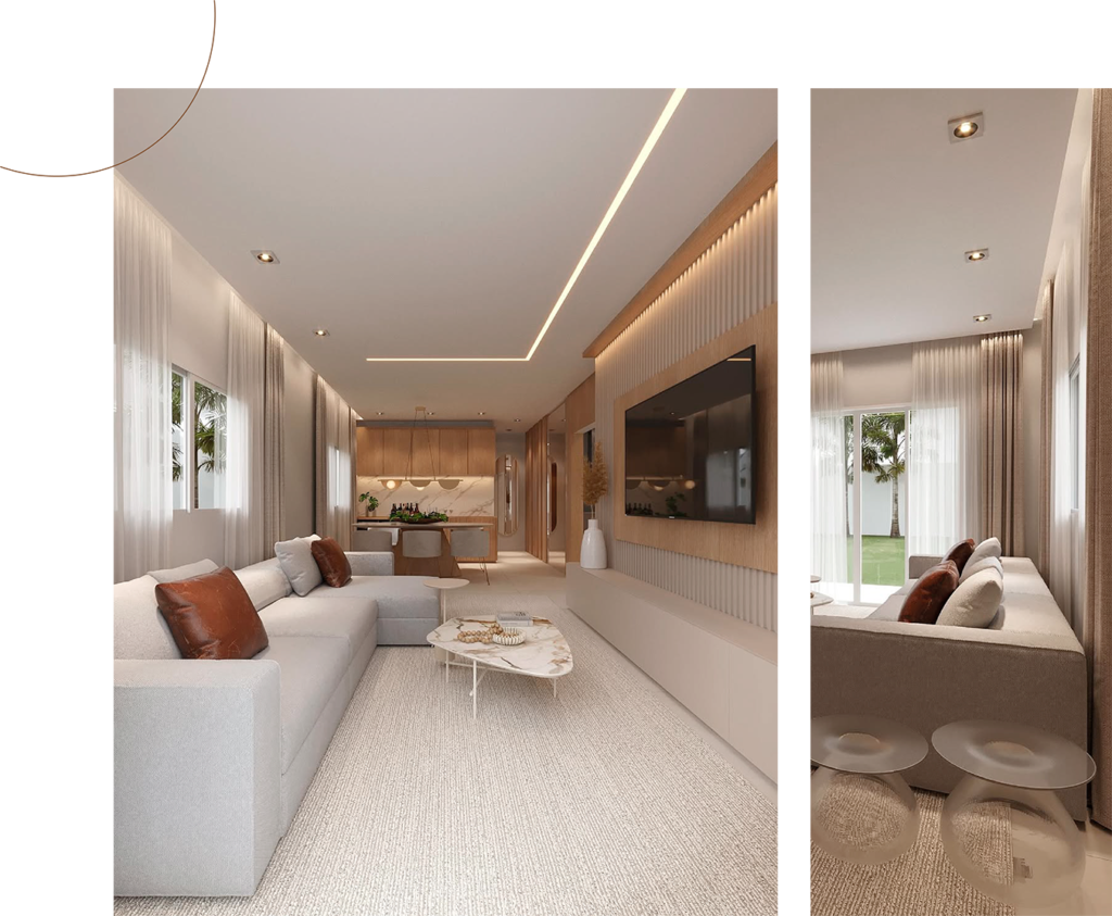 Um projeto que integra sala e cozinha de forma fluida, com iluminação estratégica e detalhes que transformam o ambiente em um convite para viver bem.